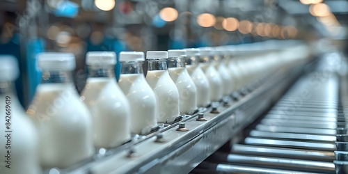 Optimized milk bottling line in factory for streamlined production process. Concept Efficiency, Milk Bottling, Production Line, Factory Optimization, Streamlined Process