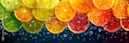 Colorful Citrus Fruit Slices Floating in Water With Air Bubbles