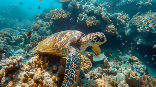 Foto subacuática de tortuga Carey en un arrecife 