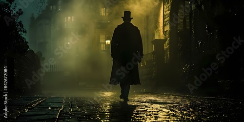 A Victorian detective strolls through Londons dark streets on a leisurely evening. Concept Victorian Era, Detective, London Streets, Evening Stroll, Historical Fiction