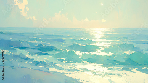 光を反射して輝く波と美しい浜辺の水彩イラスト風景