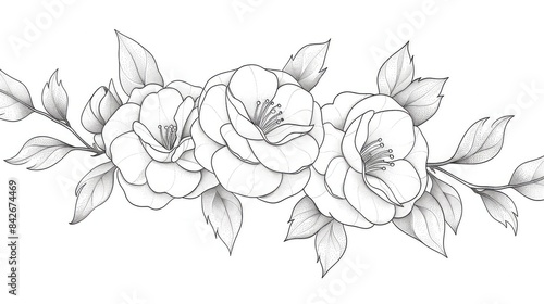 line art design of three camellias, one in full bloom and two with leaves on the sides, in a line art style. The flowers have soft petals and delicate stamens. generated with AI