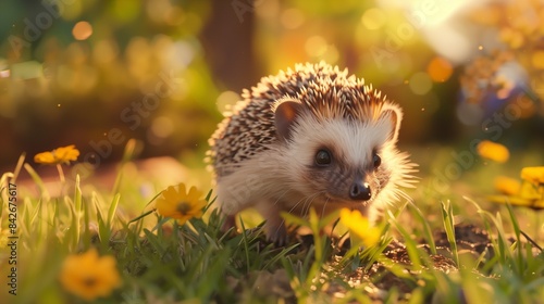A baby hedgehog exploring the grass in a backyard garden.