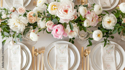 Stylish table Four ting with beautiful peonies and gol