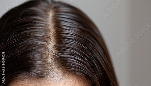 Close-up image of a person's scalp with healthy, shiny brown hair neatly parted in the middle, showcasing good hair care and hygiene.