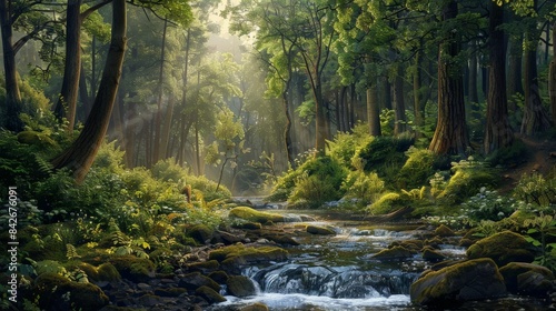 Serene forest with a flowing brook 