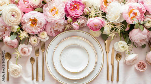 Stylish table Four ting with beautiful peonies and gol