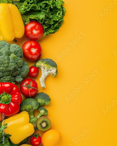 Colorful of fresh vegetables and fruits arranged on a bright yellow background, perfect for healthy eating and organic produce concepts.