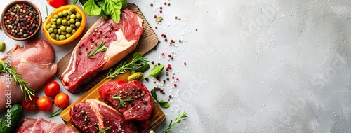 Top view of fresh raw meat with spices and vegetables on a light background, ready for cooking. Ingredients for a gourmet meal preparation.