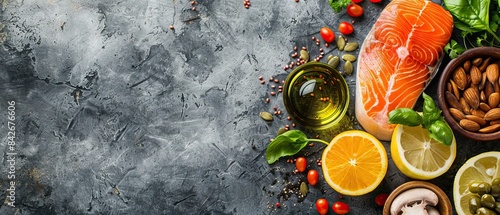 Top view of healthy food ingredients including salmon, vegetables, nuts, and fruits on a dark textured background