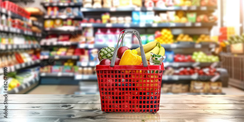 Shopping cart filled with a variety of fresh groceries in a supermarket aisle. The cart contains fruits, vegetables, meats, canned goods, and beverages,grocery shopping experience..