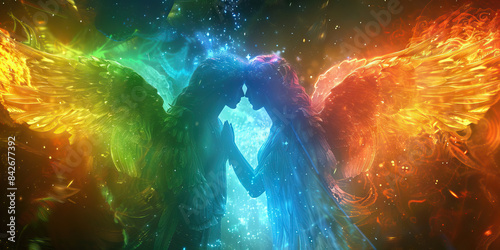 Glorious Union: Archangels Merging in Divine Union - Archangels merging their essence in a radiant display of divine union, their love a reflection of the divine plan.