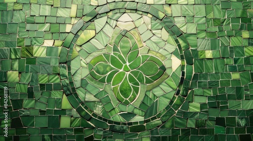 Green emblem with a mosaic background of authentic natural origin