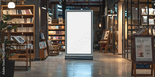 White blank mockup of digital advertising screen in book store,Modern bookstore with a large blank digital billboard in the center. bookshelves, wooden accents, and a clean, inviting atmosphere..