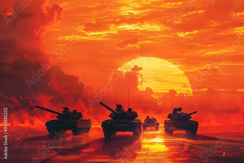 Stylized military tanks in formation during a fiery sunset in a digital artwork