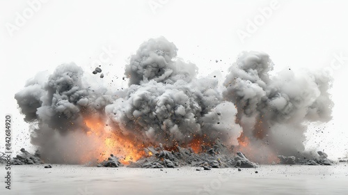 A large explosion with smoke and fire billowing against a white background.