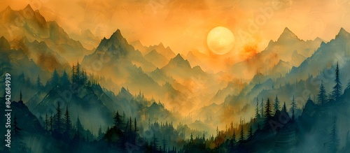 Misty Mountain Silhouettes at Ethereal Sunset Landscape