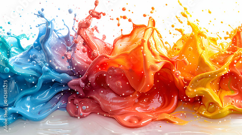 Vivid and striking paint splashes in red, blue, green, and yellow isolated on a white background