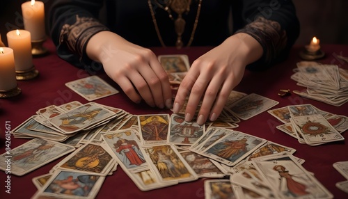 Tarot cards - a woman leaning over and reading tarot cards.