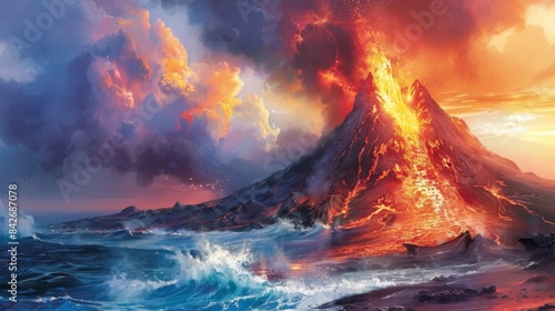 A volcano erupting near a coastline, with lava flowing into the ocean and creating steam.