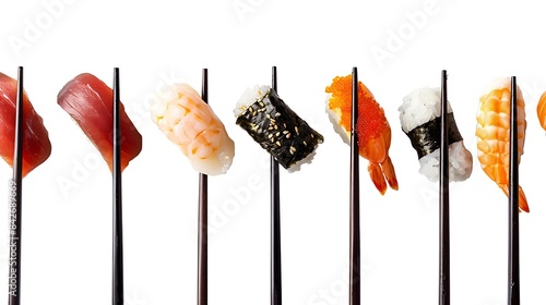 Sushi pieces placed between chopsticks separated on white background Popular sushi food Very high resolution image : Generative AI