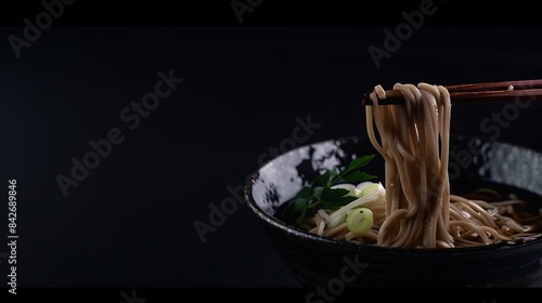 Zarusoba placed on a black background Soba noodles dipped in noodle soup Zaru soba is a traditional Japanese food : Generative AI