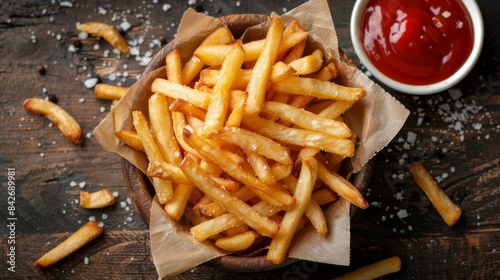 Salted french fries in a paper wrap with ketchup dip on a weathered wooden surface