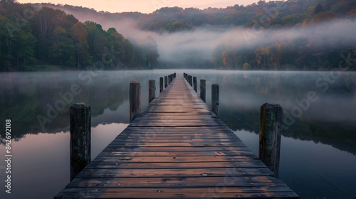 A wooden dock stretching out over a tranquil lake, with mist rising off the water in the early morning light, Generative AI