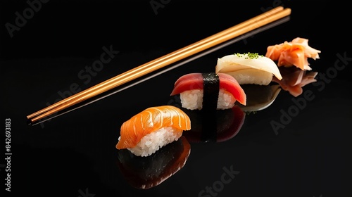 Sushi pieces placed between chopsticks separated on black background Popular sushi food : Generative AI