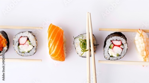 Sushi pieces placed between chopsticks separated on white background Popular sushi food Very high resolution image : Generative AI