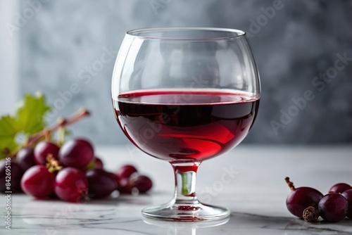 Deep Red Elegance: a wine glass filled with deep red wine on a sleek, white marble surface.