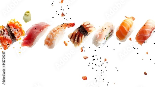 Pieces of delicious japanese sushi frozen in the air Isolated on white background : Generative AI