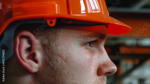 A demonstration of the correct way to wear a hard hat with the chin s securely fastened and the brim facing forward.