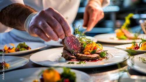 Architectural Photography, closeup of a chef plating an elegant dish in the kitchen at a luxury restaurant, plates with colorful vegetables and herbs on white tableware ready to be served to guests