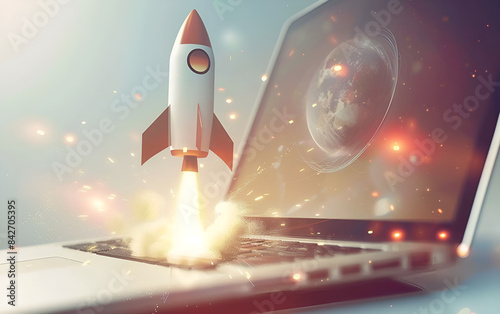 Laptop Launches Rocket Into the Clouds. Rocket launching from laptop, concept of business or startup development and start