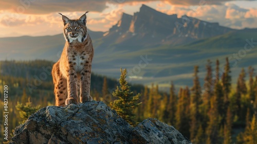 A lone lynx stands on a rocky outcrop, its eyes reflecting the fading light of dusk. The dramatic lighting casts long shadows, highlighting the lynx's powerful form. The surrounding forest and