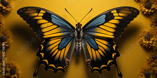 Un papillon coloré aux ailes jaunes et noires vole gracieusement, isolé dans la nature, capturant la beauté de l'été.