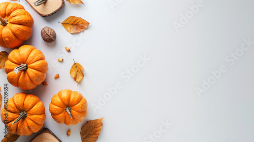 Thanksgiving day. Flat lay composition with pumpkins a