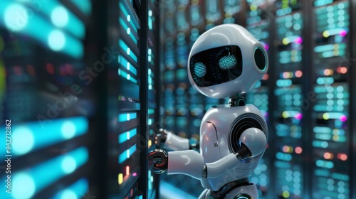 a cute robot working on computer servers in a data centre 
