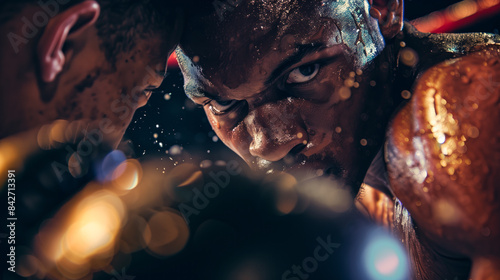 A boxer's eyes blaze with intensity, as he stares down his opponent in the center of the ring