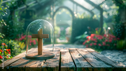 Glass dome with a cross inside placed on a wooden greenhouse table