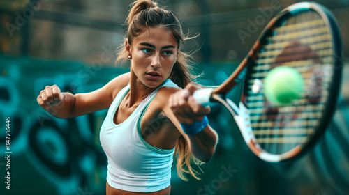 A female tennis player executes a picture-perfect backhand shot