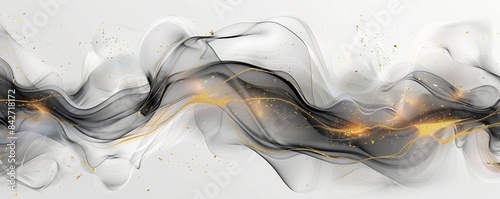 Abstract black and white flowing lines with golden accents on white background