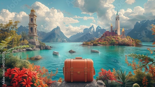 Energetic travel adventure montage showcasing famous landmarks, essential travel items