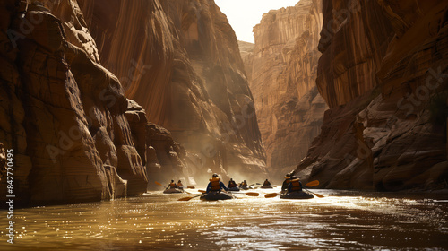 A rafting crew paddles in unison as they navigate through a narrow canyon