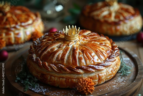 Galette des Rois A traditional Galette des Rois with a golden, flaky pastry and almond cream filling. Decorated with a paper crown