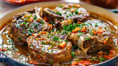 Traditional Italian Osso Buco, Braised Veal Shanks Cooked With Vegetables, White Wine, And Broth, Served With Gremolata