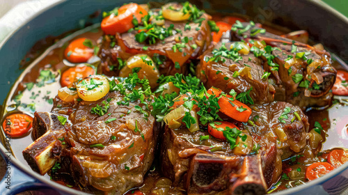 Traditional Italian Osso Buco, Braised Veal Shanks Cooked With Vegetables, White Wine, And Broth, Served With Gremolata