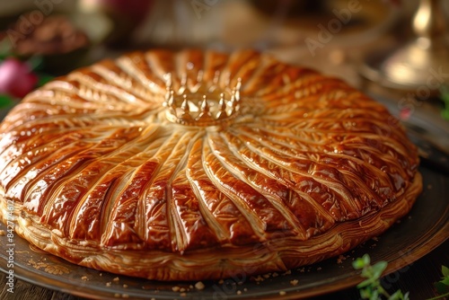 Galette des Rois A traditional Galette des Rois with a golden, flaky pastry and almond cream filling. Decorated with a paper crown