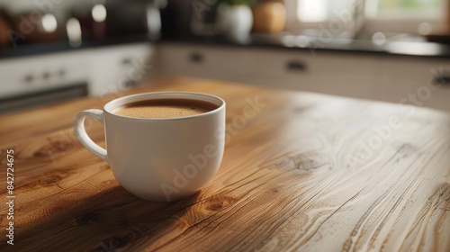 Close up of large modern porcelain cup with flat white coffee on a new wooden table
